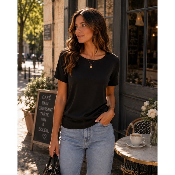 Ann Taylor Tops - Ann Taylor 100% Silk Knit Short Sleeve Top Black L Sweater Closet Staple Luxury